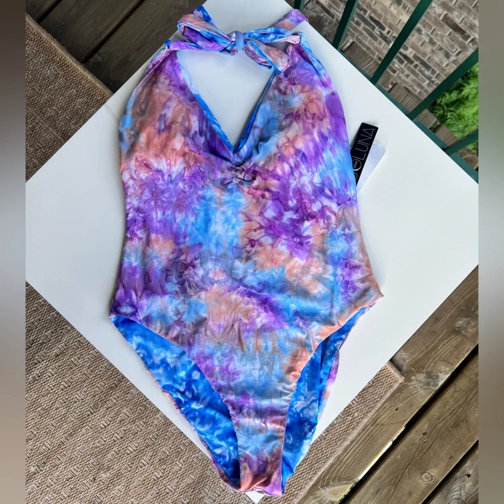 🆕 Soluna Reversible One-Piece Swimsuit Large Multicolor Tie-Dye Halter High Rise - Picture 2 of 13
